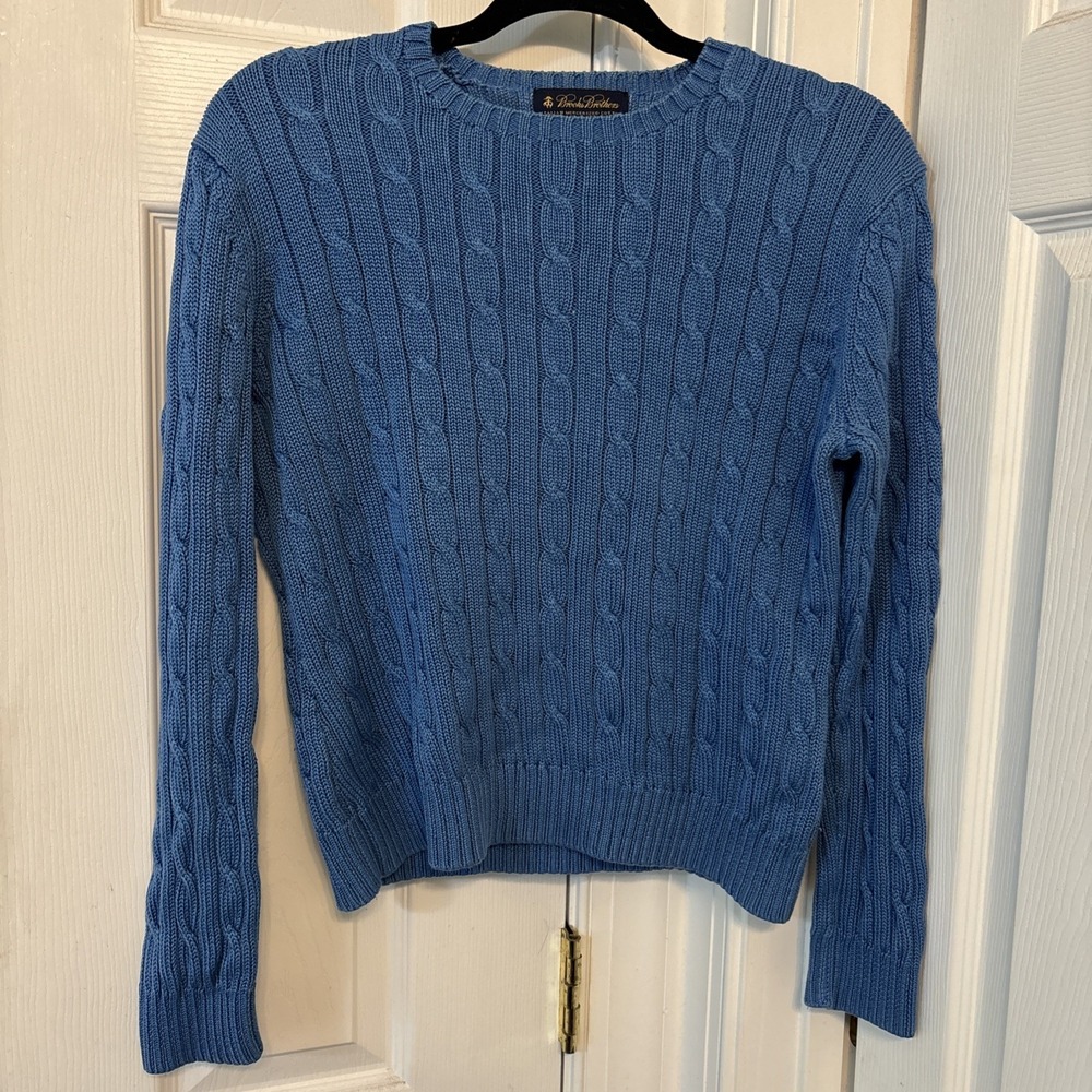 Brooks Brothers Womens L Italian Mercerized Cotton Cable Knit Sweater Blue
